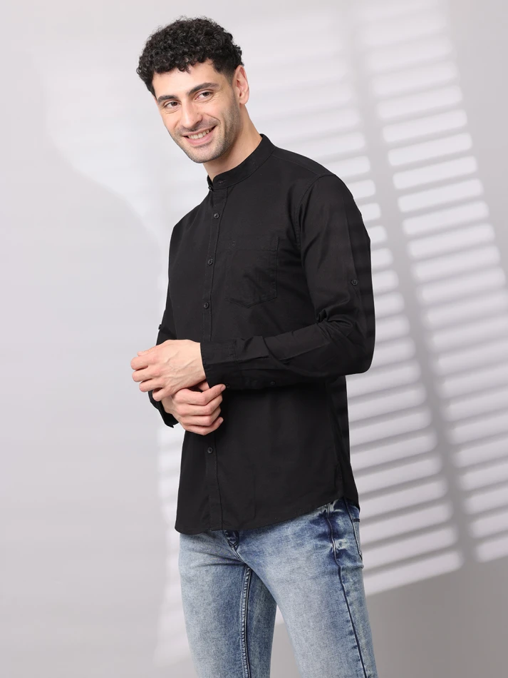 Upper Luxe,Band collar solid cotton classic fit casual shirt-6