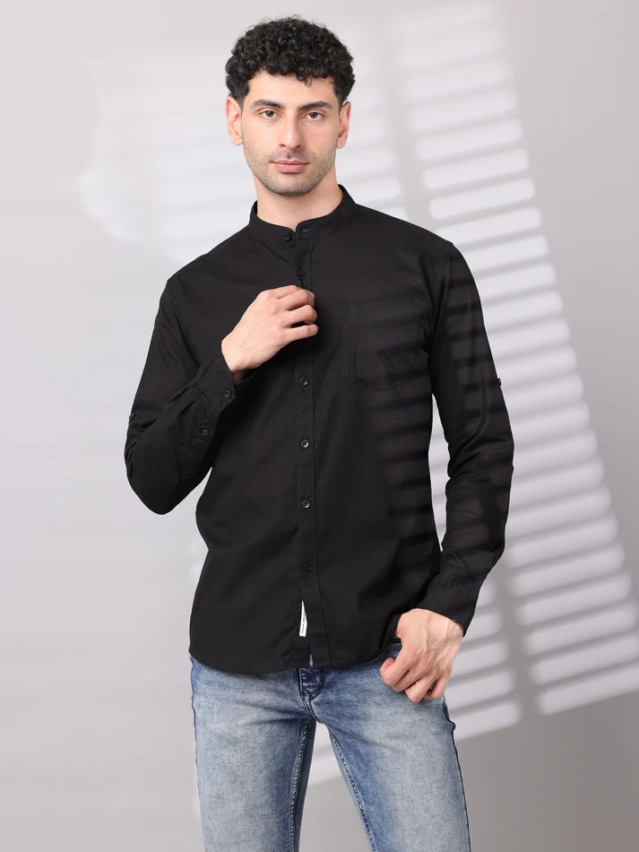 Upper Luxe,Band collar solid cotton classic fit casual shirt-8