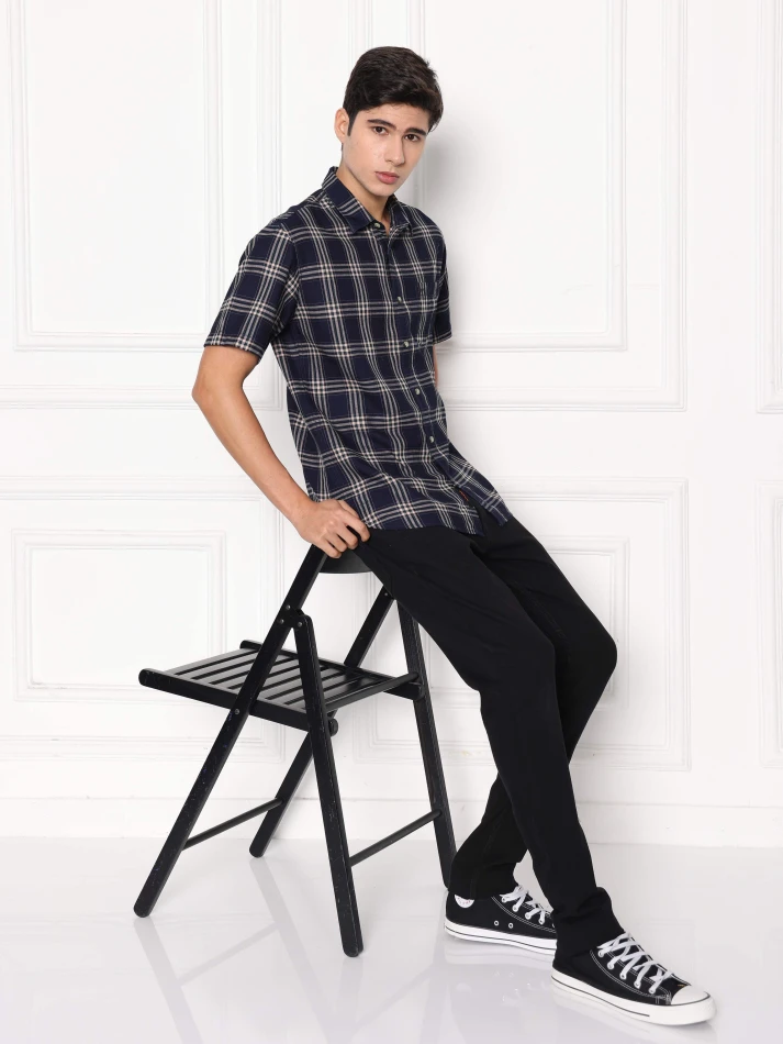 Upper Luxe,Spread collar tartan checked cotton casual shirt
