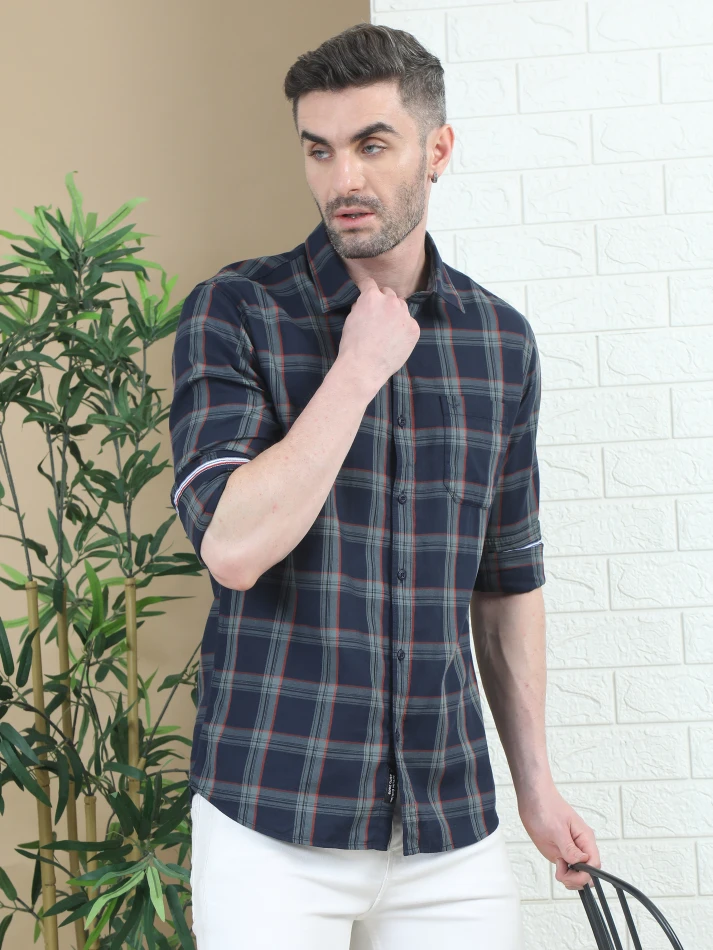 Upper Luxe,Trendy tartan checks casual shirt with opaque fabric-0