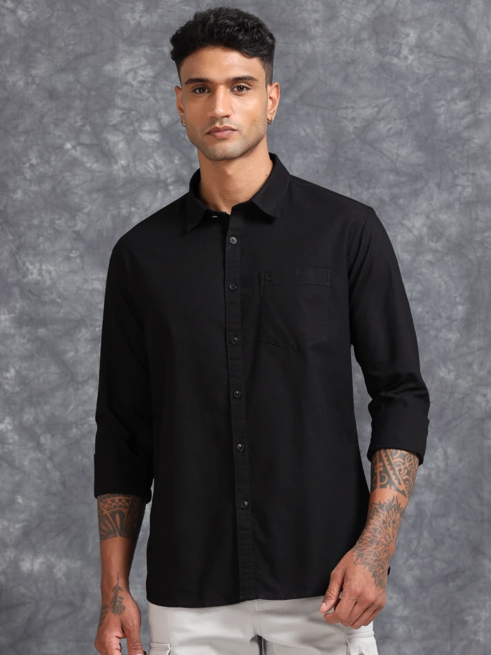 Upper Luxe,Spread collar solid cotton casual shirt for men-2