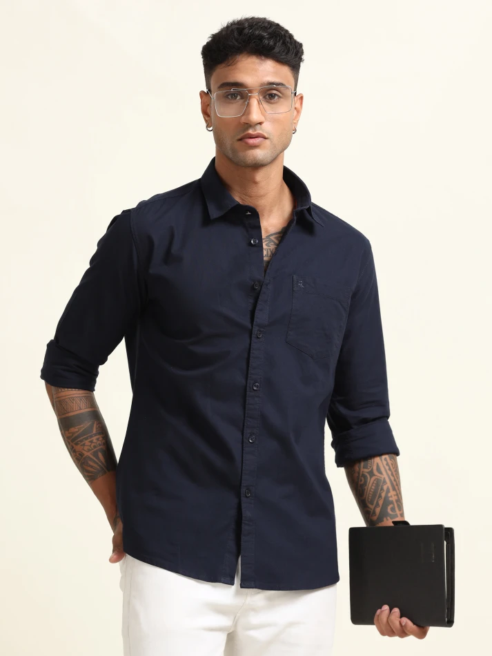 Upper Luxe,Spread collar solid cotton casual shirt for men-1