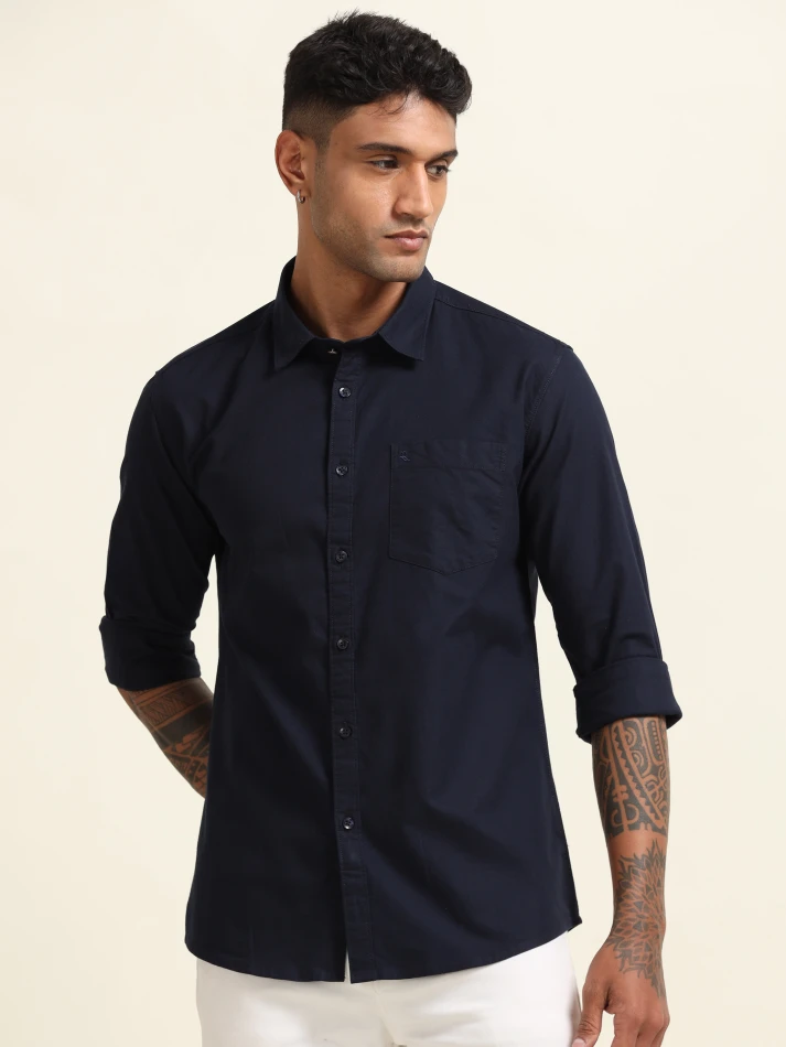 Upper Luxe,Spread collar solid cotton casual shirt for men-2