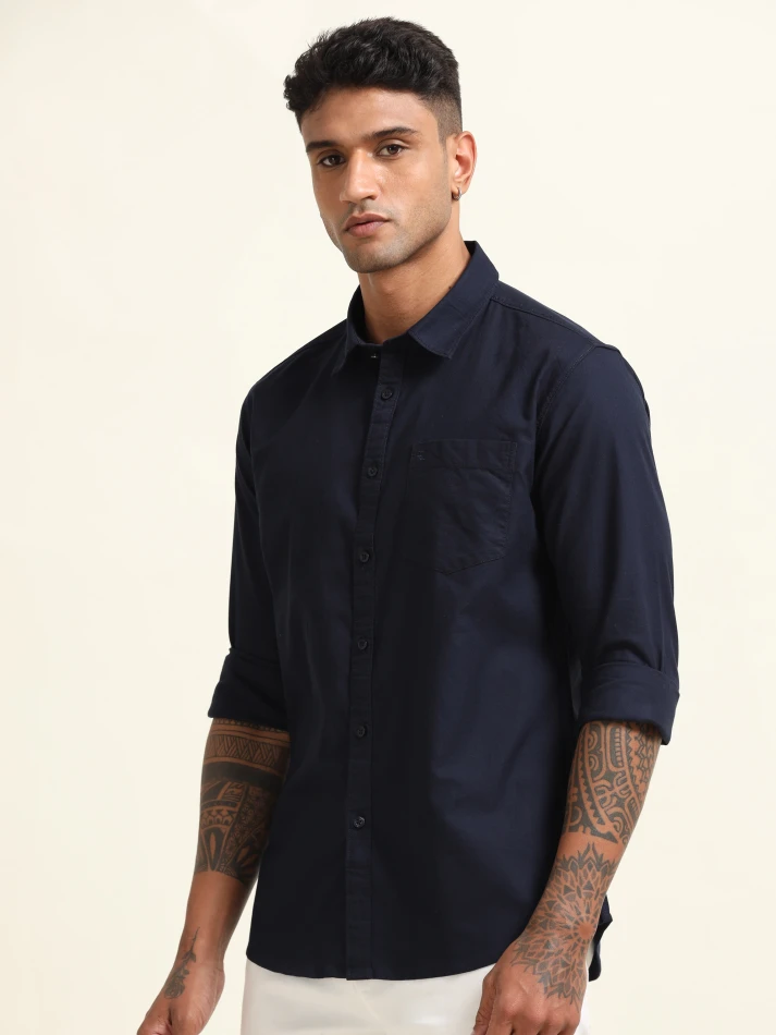 Upper Luxe,Spread collar solid cotton casual shirt for men-3