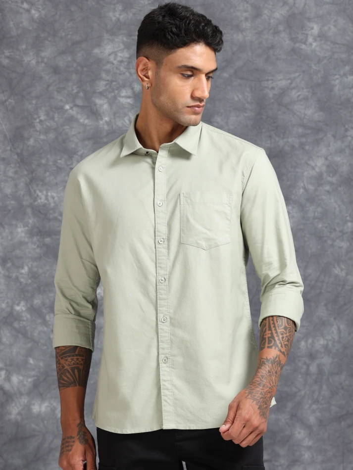 Upper Luxe,Spread collar solid cotton casual shirt for men-1