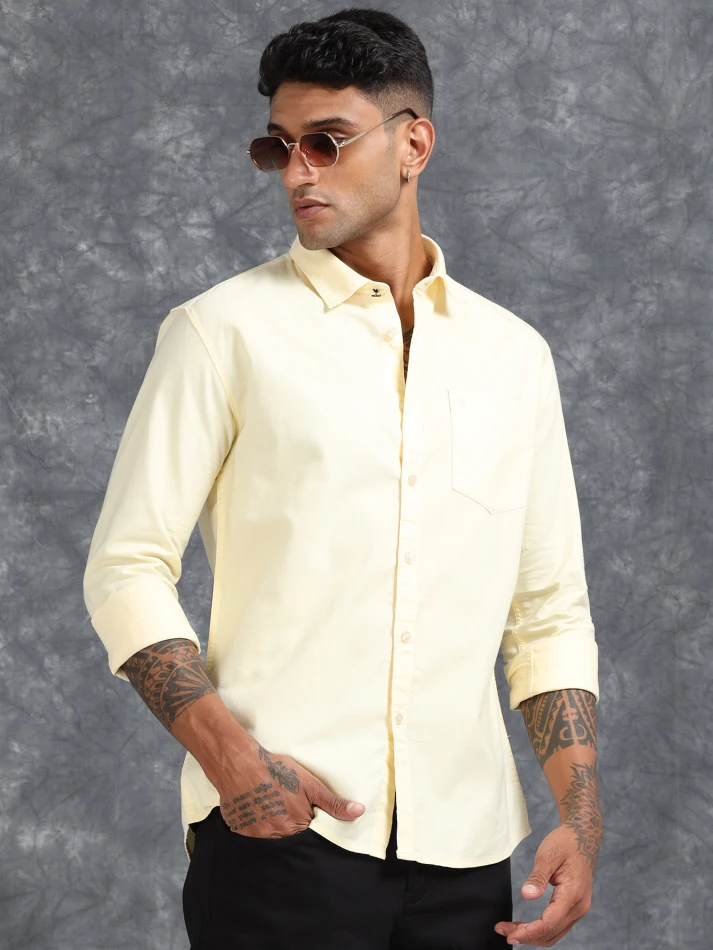 Upper Luxe,Spread collar solid cotton casual shirt for men-2