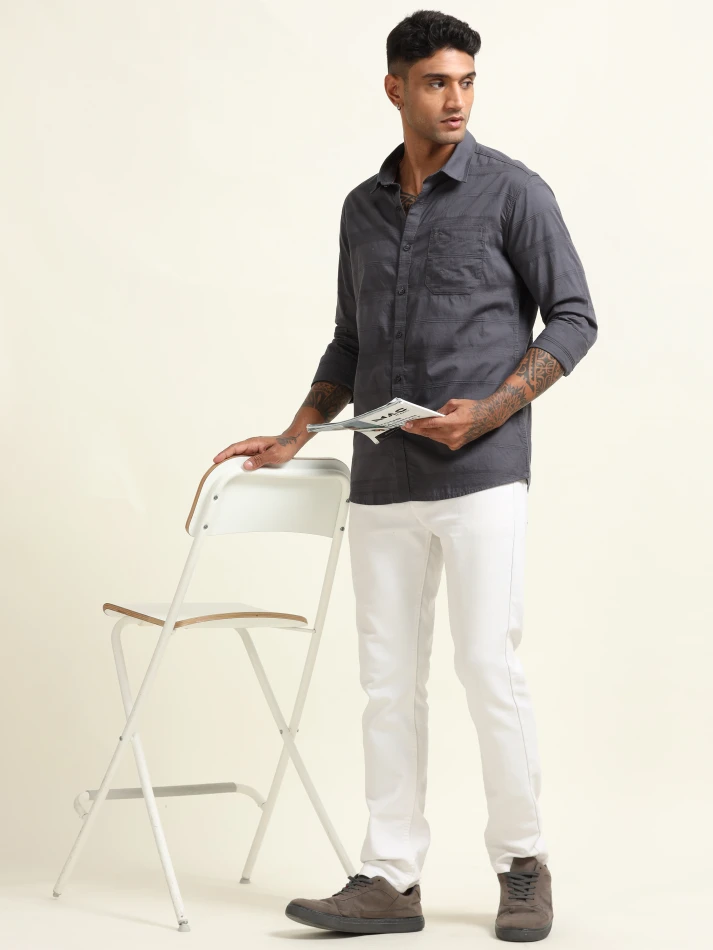 Upper Luxe,Textured cotton casual shirt with a spread collar-0