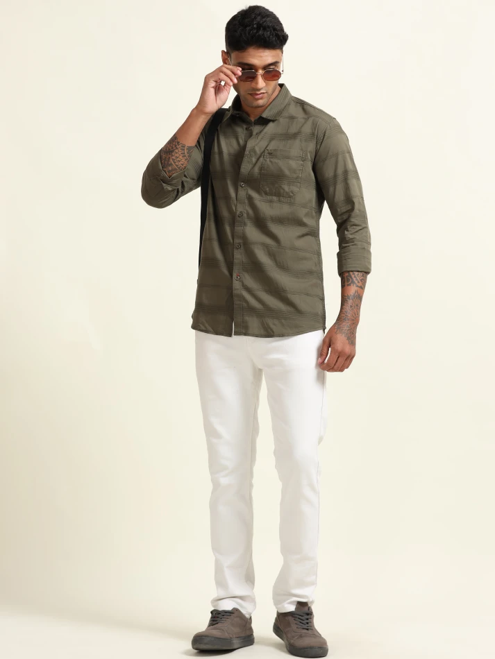 Upper Luxe,Textured cotton casual shirt with a spread collar-0