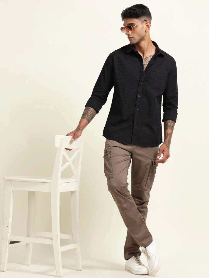 Upper Luxe,Textured cotton casual shirt with a spread collar-0