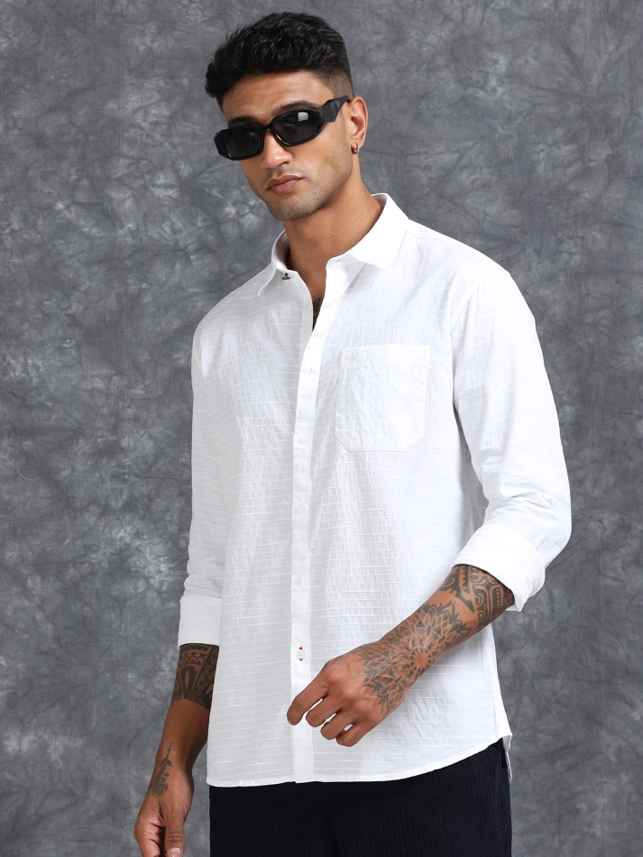 Upper Luxe,Textured cotton casual shirt with a spread collar-2