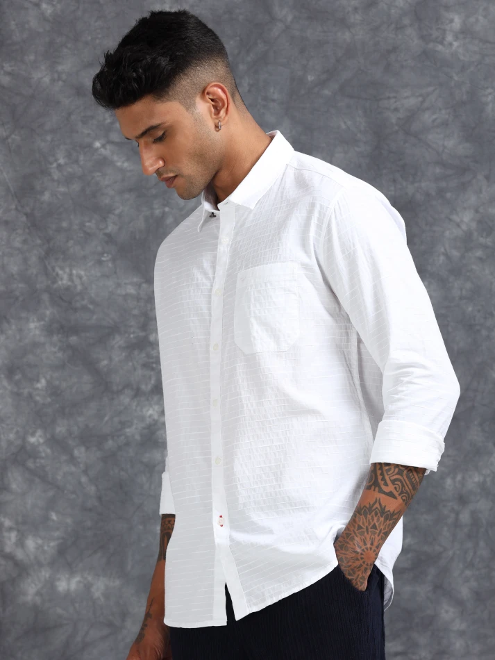 Upper Luxe,Textured cotton casual shirt with a spread collar-3