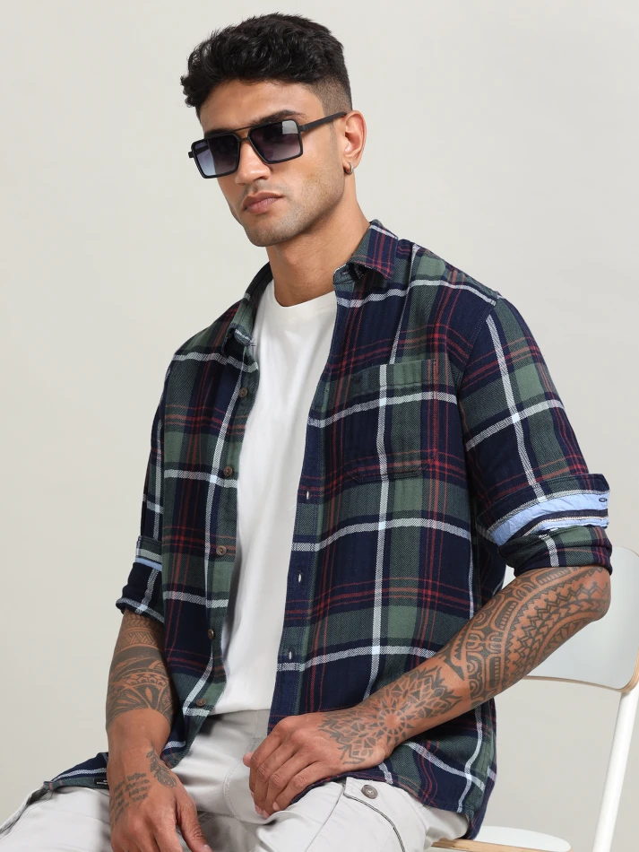 Upper Luxe,Tartan checked with cotton casual shirt-1