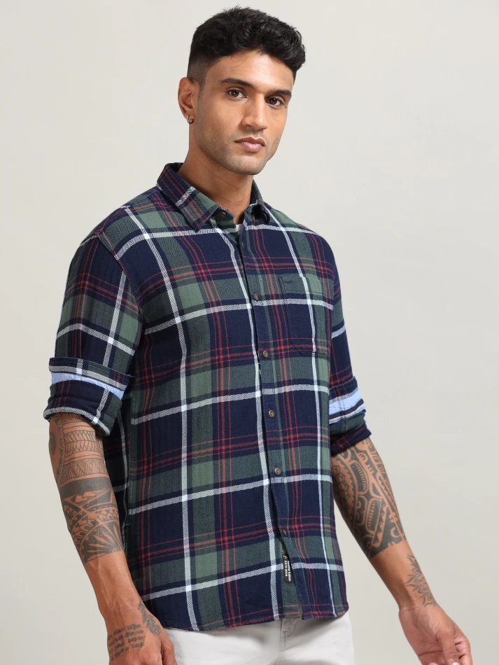 Upper Luxe,Tartan checked with cotton casual shirt-3