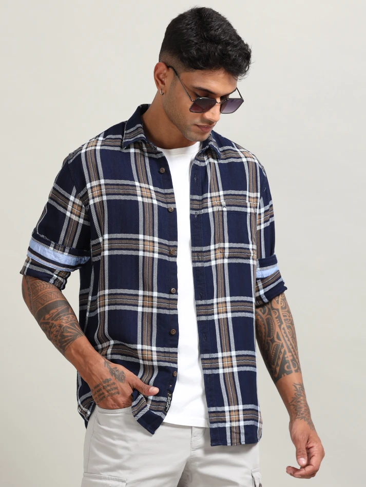 Upper Luxe,Tartan checked with cotton casual shirt-1