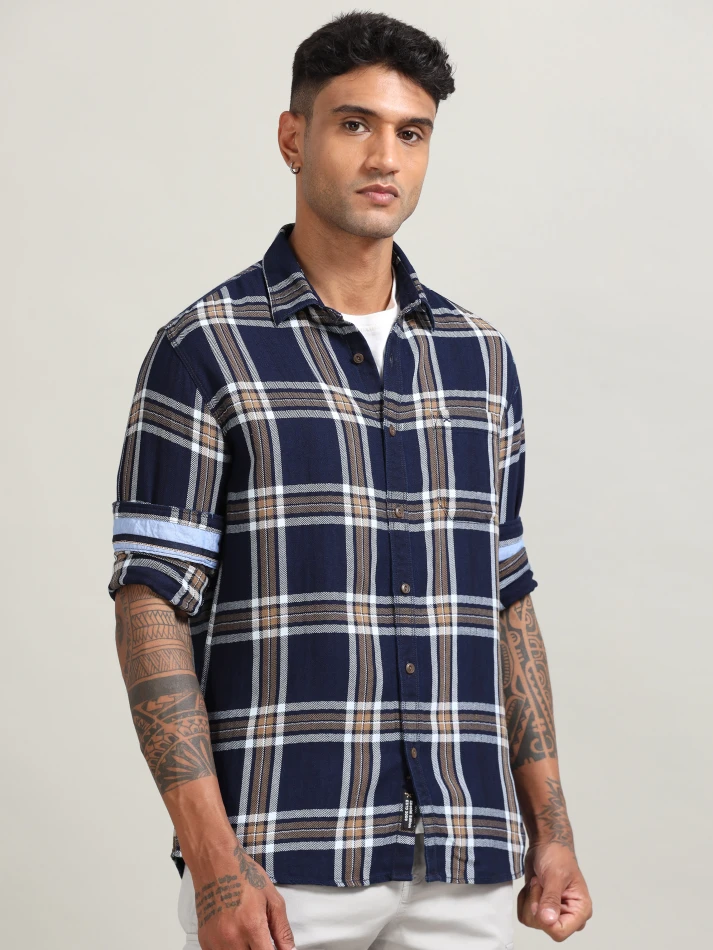 Upper Luxe,Tartan checked with cotton casual shirt-4