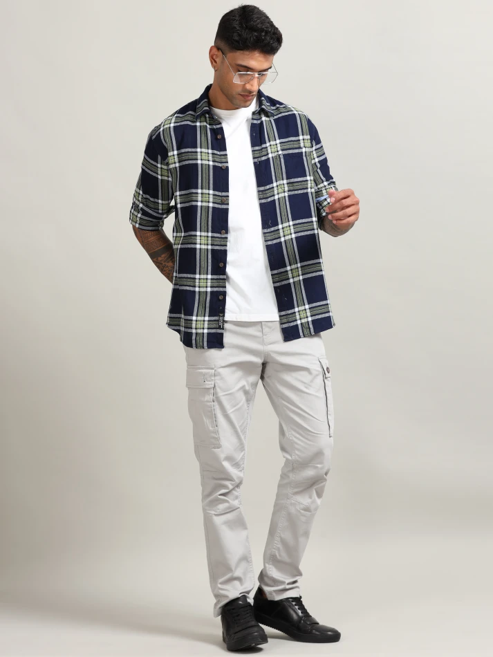 Upper Luxe,Tartan checked custom fit cotton casual shirt-0