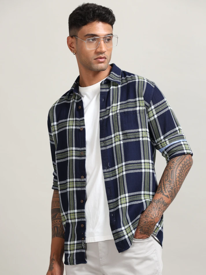 Upper Luxe,Tartan checked custom fit cotton casual shirt-1