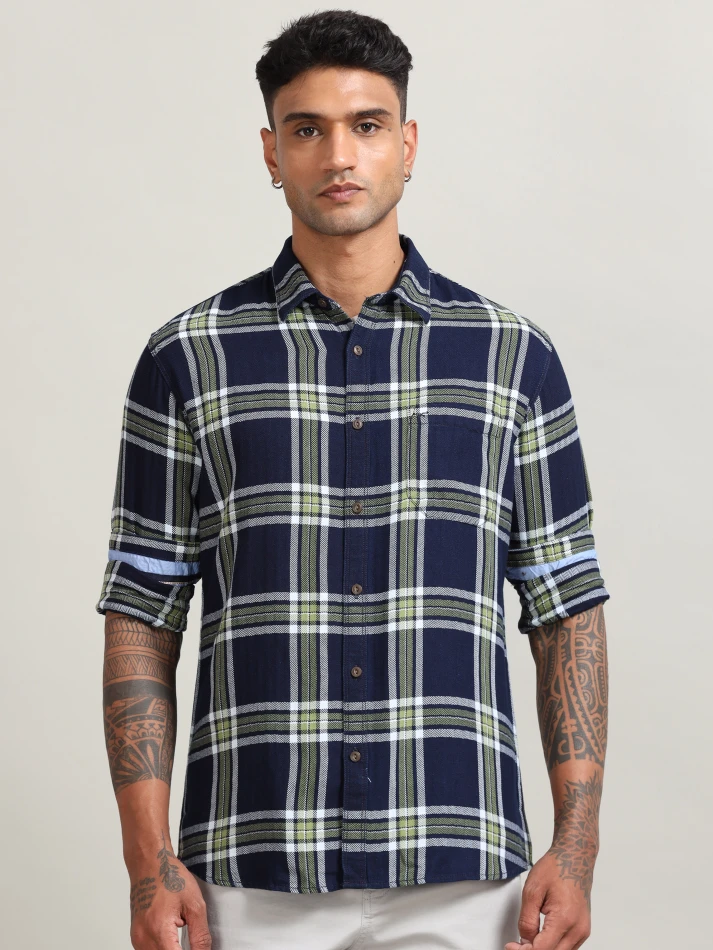 Upper Luxe,Tartan checked custom fit cotton casual shirt-2