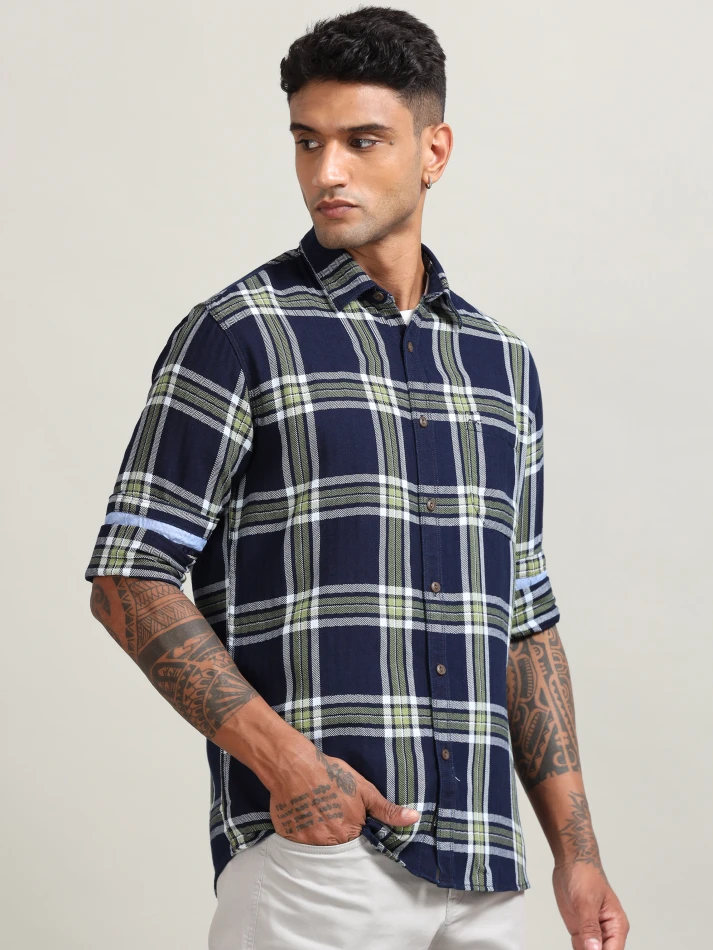 Upper Luxe,Tartan checked custom fit cotton casual shirt-3