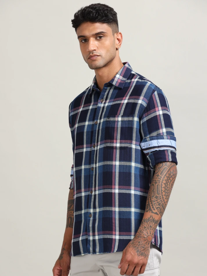 Upper Luxe,Custom fit buffalo checked cotton casual shirt-1