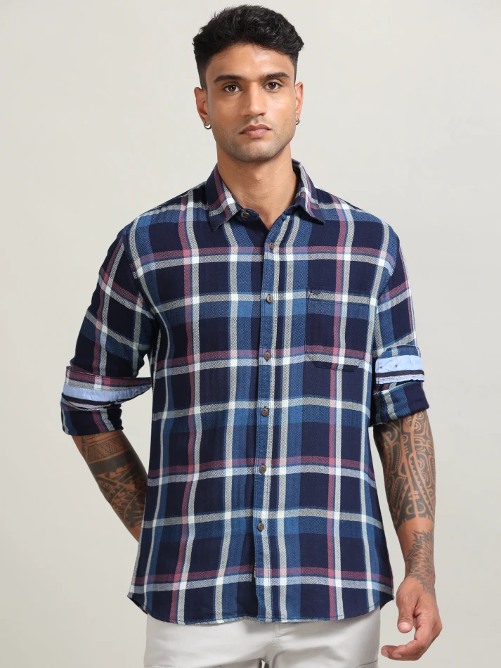 Upper Luxe,Custom fit buffalo checked cotton casual shirt-2