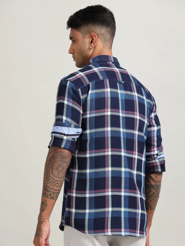 Upper Luxe,Custom fit buffalo checked cotton casual shirt-3