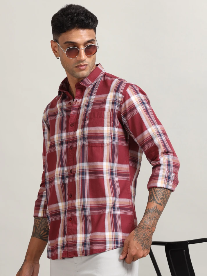 Upper Luxe,Tartan checked spread collar comfort casual shirt-1