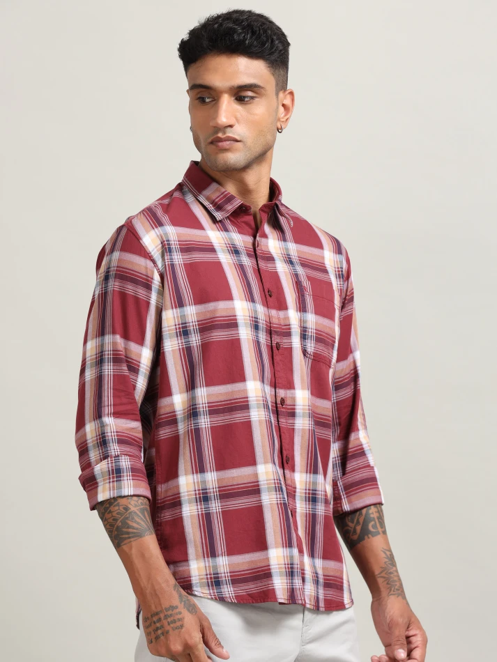 Upper Luxe,Tartan checked spread collar comfort casual shirt-3