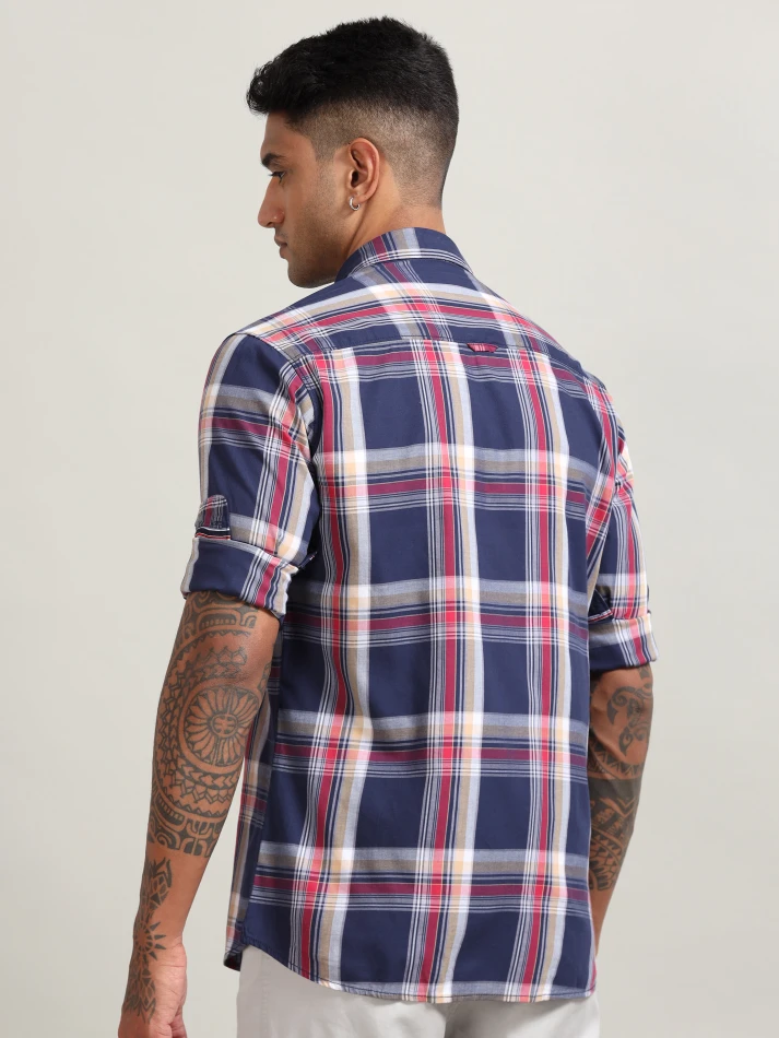 Upper Luxe,Tartan checked spread collar comfort casual shirt-4