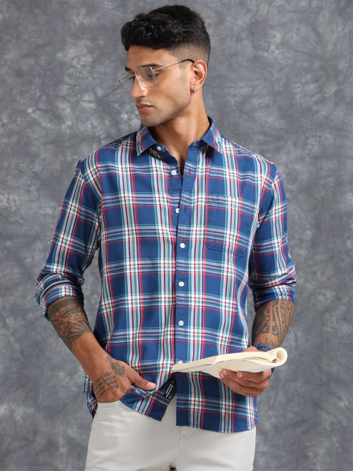 Upper Luxe,Tartan checked comfort fit cotton casual shirt-1