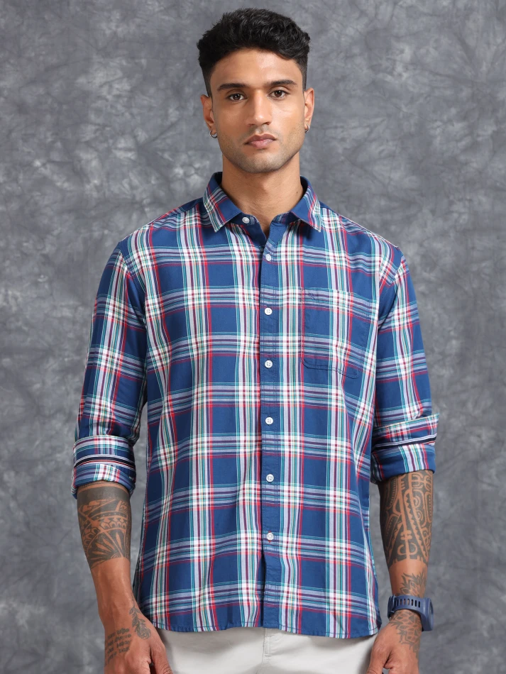 Upper Luxe,Tartan checked comfort fit cotton casual shirt-2