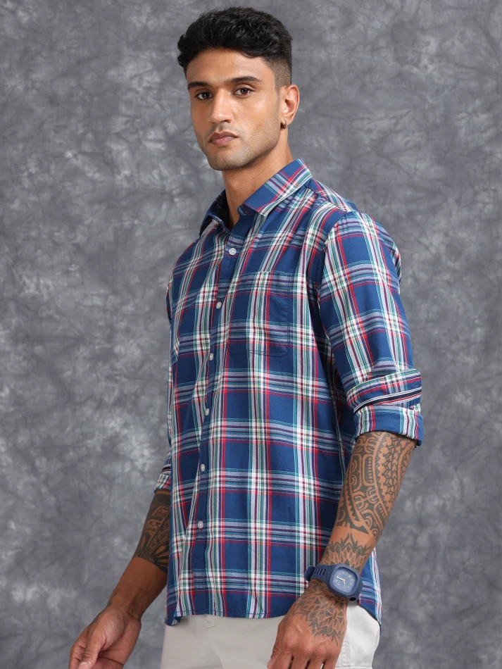 Upper Luxe,Tartan checked comfort fit cotton casual shirt-3