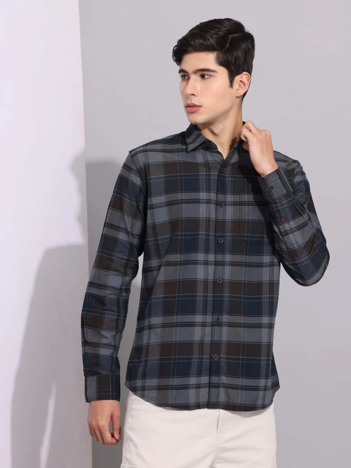 Upper Luxe,Premium fit tartan checked cotton casual shirt-4