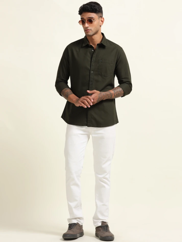 Upper Luxe,Spread collar solid cotton casual shirt for men-0