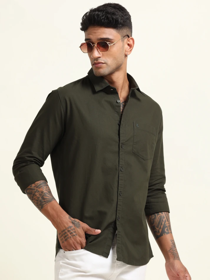 Upper Luxe,Spread collar solid cotton casual shirt for men-1