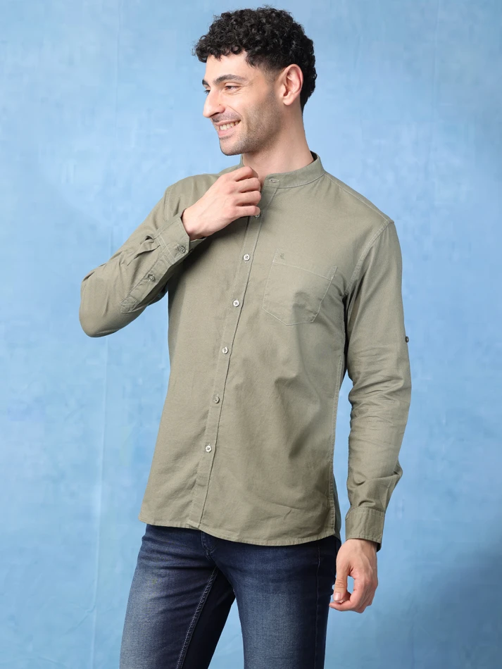 Upper Luxe,Band collar solid cotton classic fit casual shirt-1