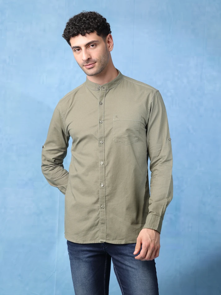 Upper Luxe,Band collar solid cotton classic fit casual shirt-3