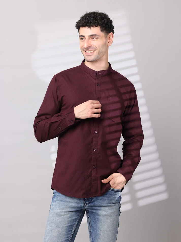 Upper Luxe,Band collar solid cotton classic fit casual shirt-0