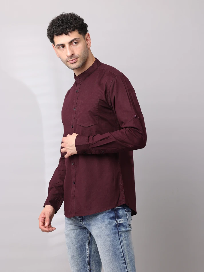 Upper Luxe,Band collar solid cotton classic fit casual shirt-2