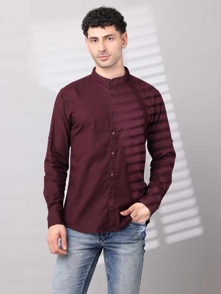 Upper Luxe,Band collar solid cotton classic fit casual shirt-3