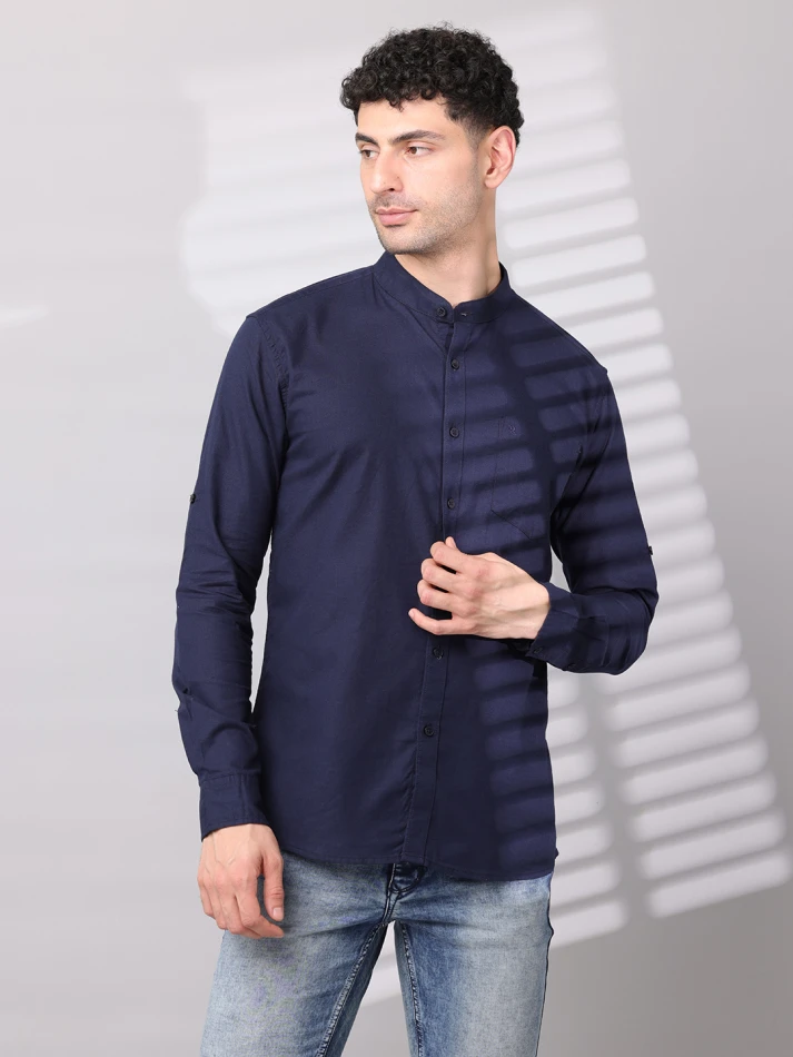 Upper Luxe,Band collar solid cotton classic fit casual shirt-0