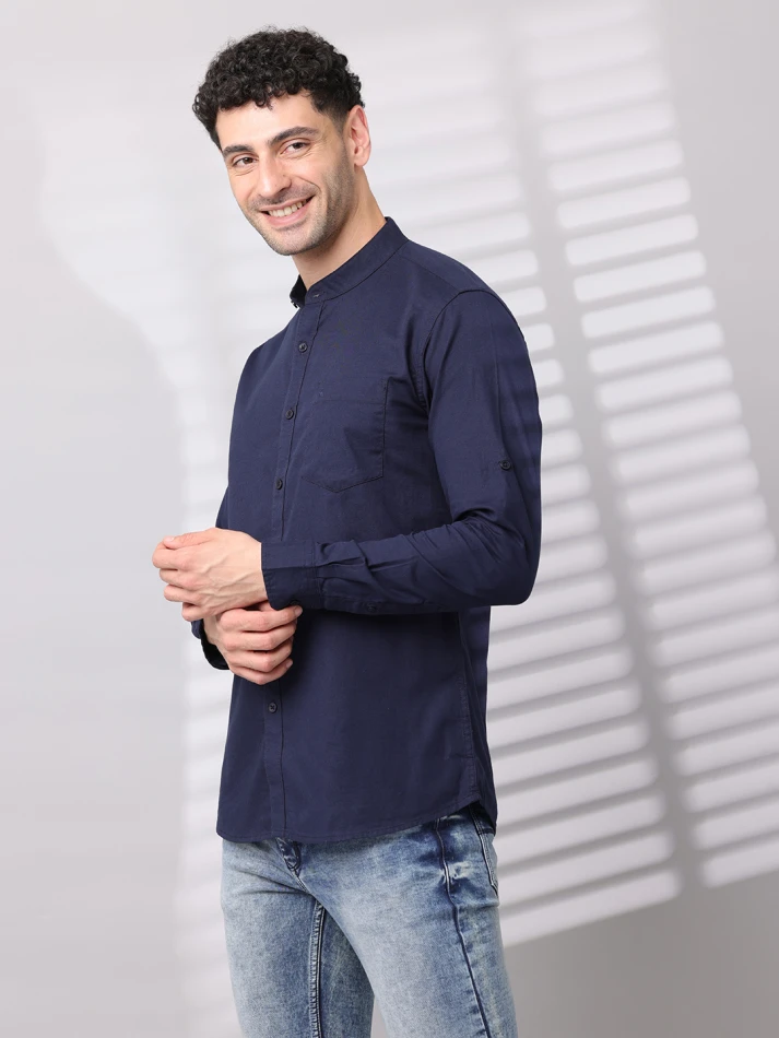 Upper Luxe,Band collar solid cotton classic fit casual shirt-3