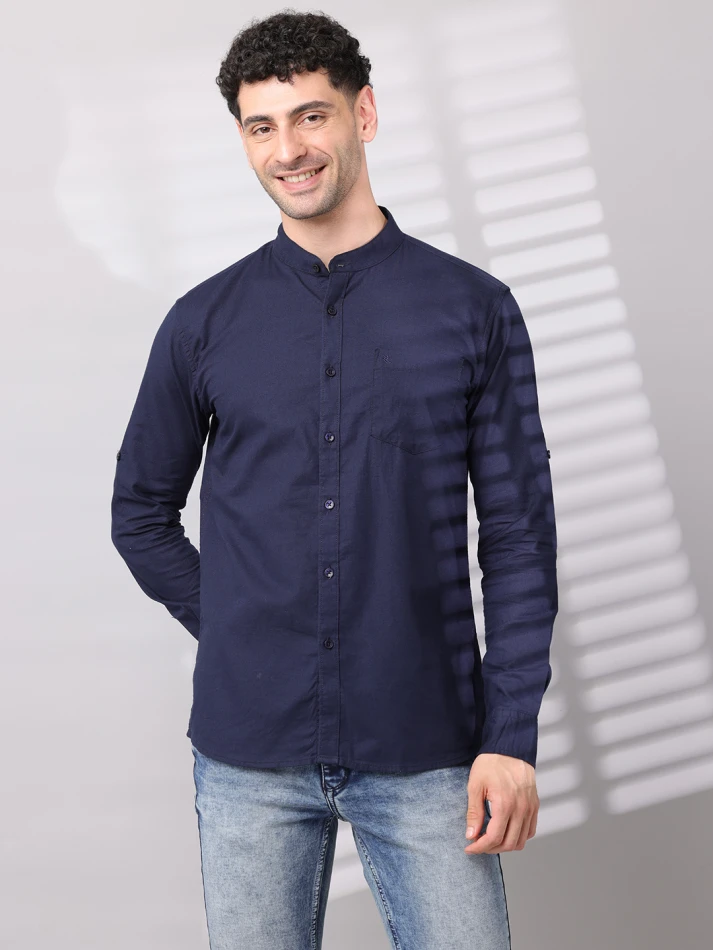 Upper Luxe,Band collar solid cotton classic fit casual shirt-4