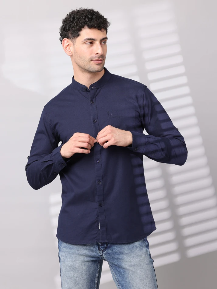 Upper Luxe,Band collar solid cotton classic fit casual shirt-5