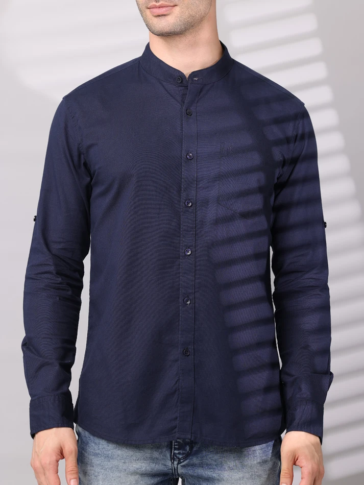 Upper Luxe,Band collar solid cotton classic fit casual shirt-7