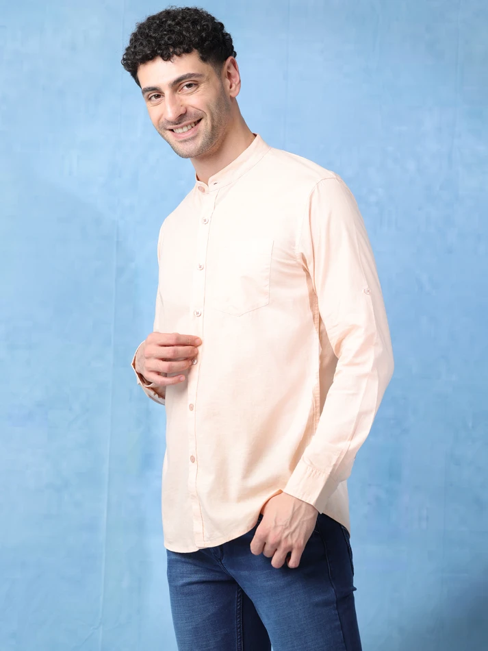 Upper Luxe,Band collar solid cotton classic fit casual shirt-2