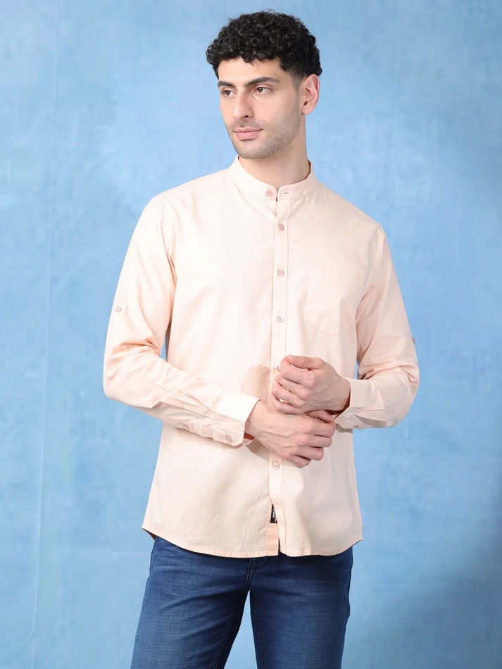 Upper Luxe,Band collar solid cotton classic fit casual shirt-3