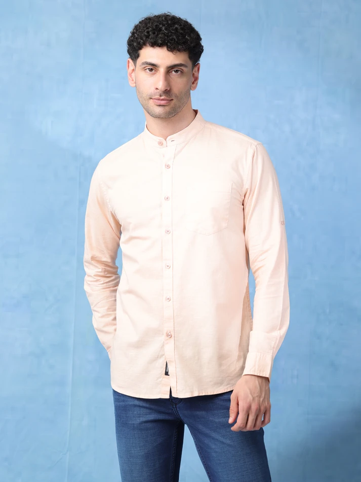 Upper Luxe,Band collar solid cotton classic fit casual shirt-4