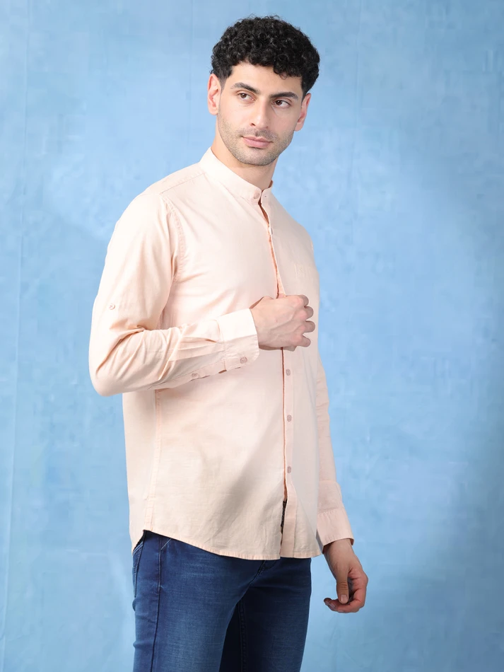 Upper Luxe,Band collar solid cotton classic fit casual shirt-5