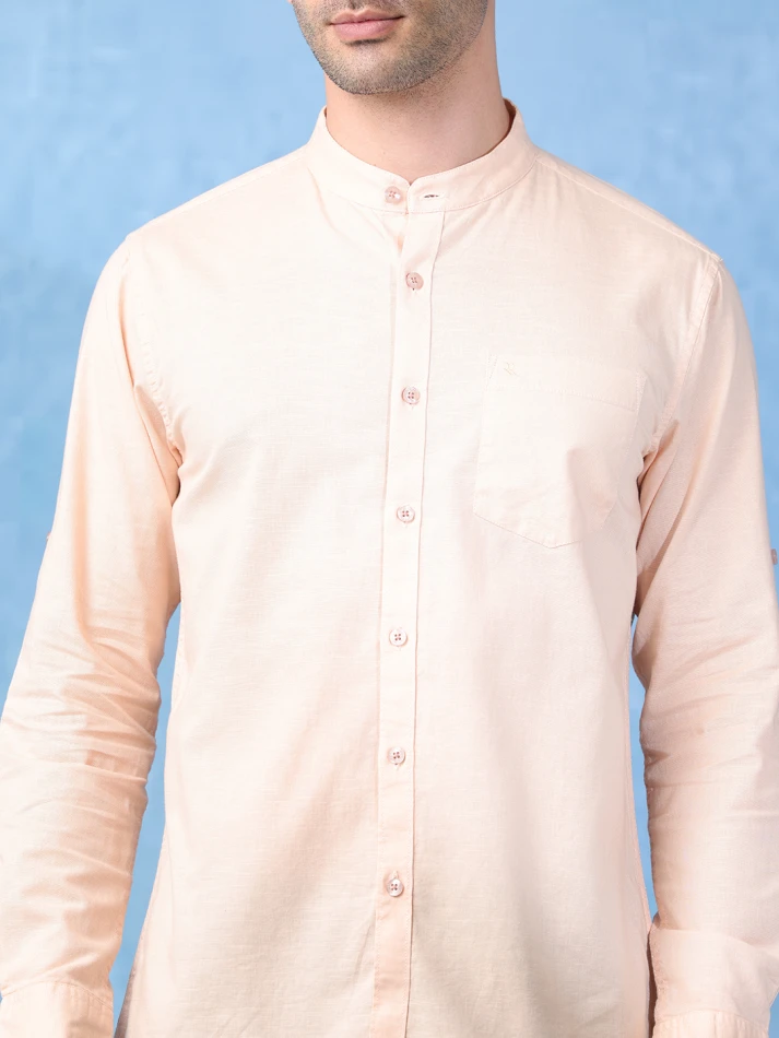 Upper Luxe,Band collar solid cotton classic fit casual shirt-6